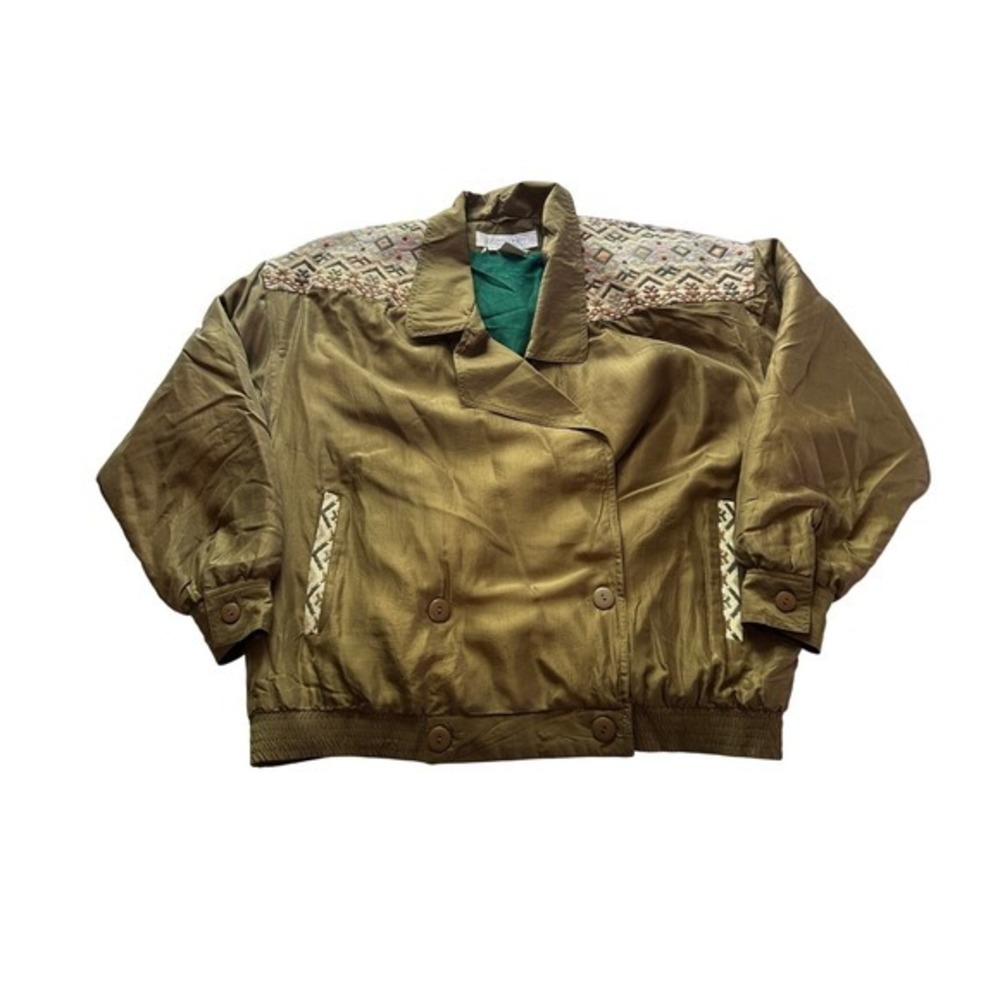 Vintage 80s Sunny Leigh Olive Green Silk‎ Aztec Embroidered Bomber Jacket KC